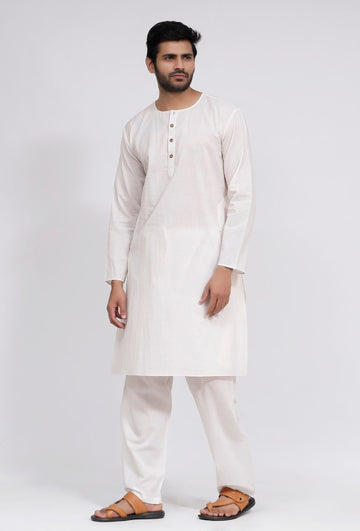 Set of 2: White Plain Cotton Button Down Kurta and Pajama